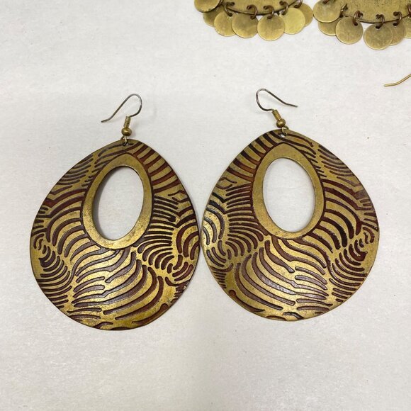 3 Pairs Brass Earrings Boho Dangle Hoops Minimal Simple - Picture 2 of 8